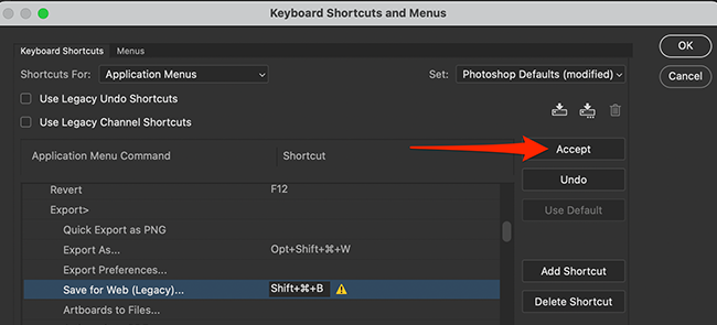 Photoshop Kılavye Kısayolları Kabul et